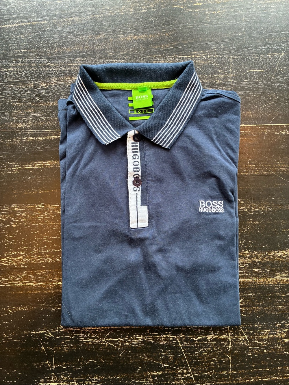 Hugo Boss Navy Polo with White Stripe Collar and Lime Accent fits like L